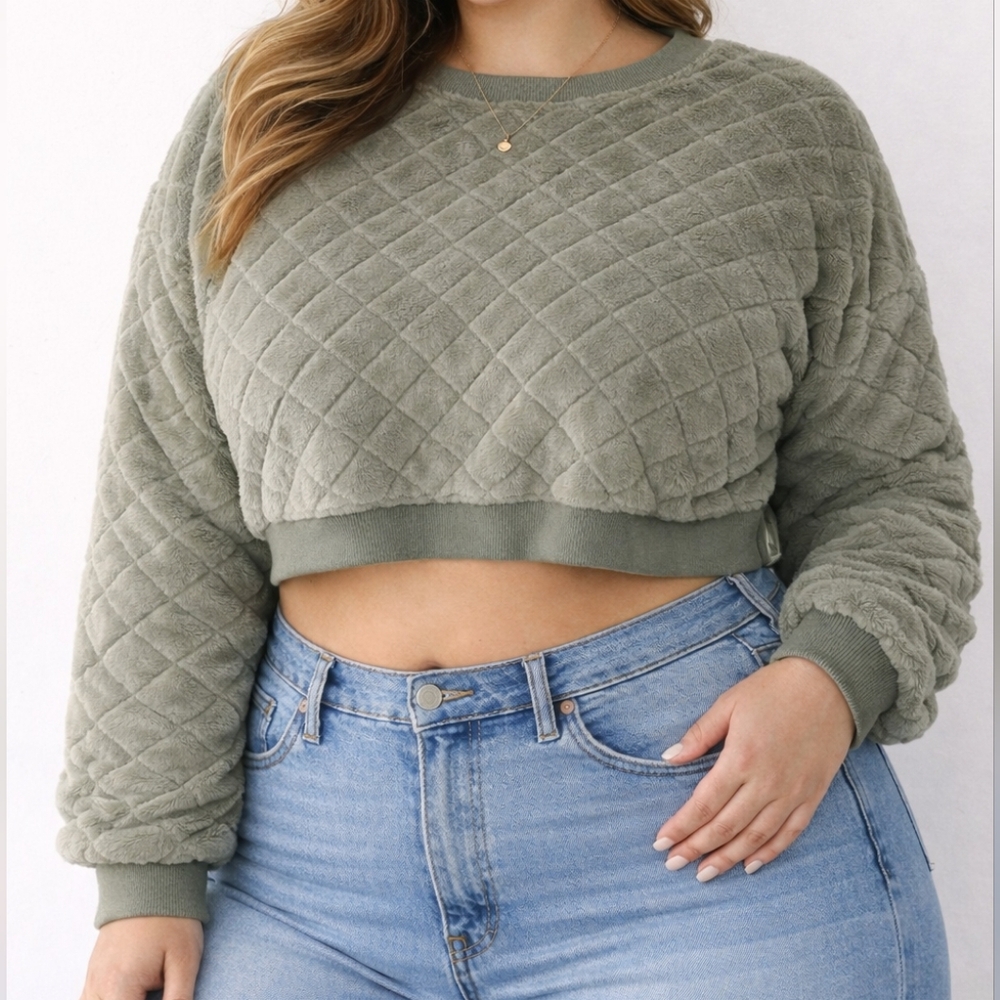 Chance or Fate‎ Olive Quilted Crew Neck Crop Sweater